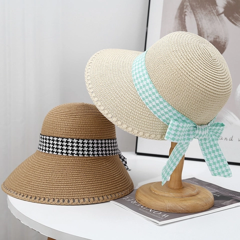 Chapeau De Paille Femme Chapeau De Soleil Large Bord Respirant Plage Avec Ruban Pied De Poule Nœud Style Français