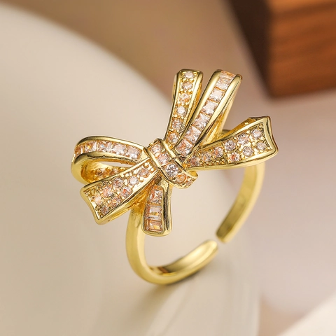 Bowknot Zirkoon Ingelegde Koperen Ring Verguld Verstelbaar Open Vinger Sieraden Voor Vrouwen Elegante Mode Accessoires