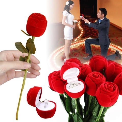 Romantische Rose Blume Form Schmuck Ringbox Kreativ Antrag Hochzeit Samt Textur Geschenkbox Mit Stiel Für Valentinstag