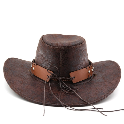 Cappello Da Cowboy Occidentale Ecopelle Tesa Larga Fibbia Testa Di Toro Borchie Corda Antivento Regolabile Jazz Fedora