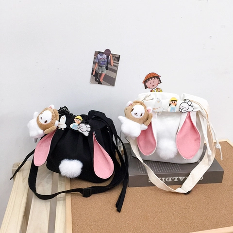 Lindo Bolso De Cubo De Lona Con Orejas De Conejo Estilo Japonés Kawaii Bolso De Hombro Con Cordón Con Pompon Y Insignias Para Mujeres