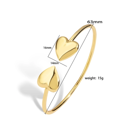 Minimalist Double Heart Open Cuff Bangle 18K Gold Plated Copper Smooth Polished Heart Bracelet For Women