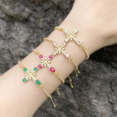 Bracciale A Croce In Rame Placcato Oro Con Zirconia E Perla Artificial Sintetica Gioielli Regolabili Per Donna