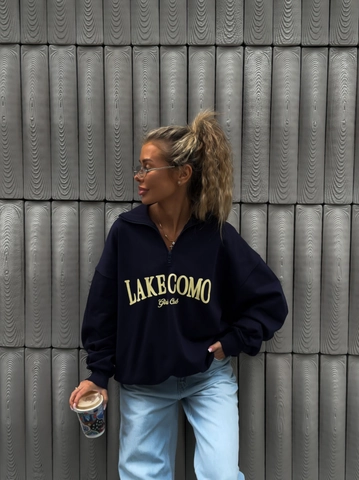 Sweatshirt Femme Bleu Marine Coton Demi Zip Imprimé Lettres Oversize Rétro Décontracté Haut À Manches Longues