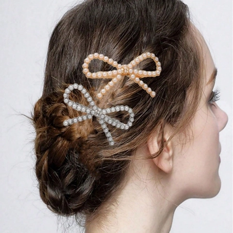 Elegant Bowknot Hair Clip Alloy Rhinestone Faux Artificial Pearl Spring Barrette Ponytail Styling Accessory For Women Girls