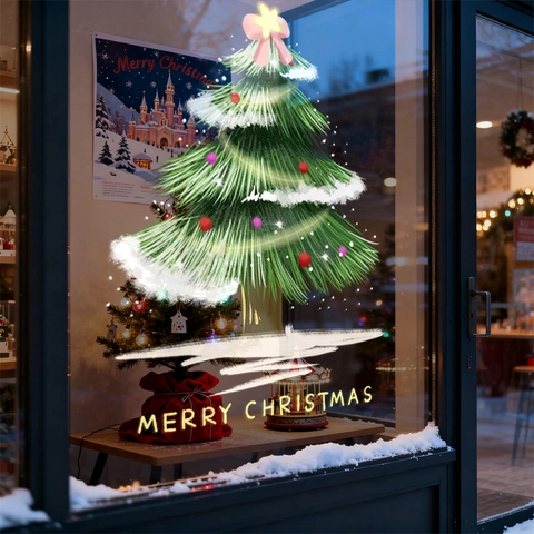 Christmas Tree Window Static Sticker PVC Double Sided Removable No Glue Glass Decal Shop Display Festive Decor