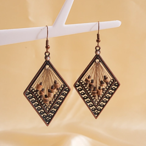 Vintage Ethnic Hollow Rhombus Alloy Σκουλαρίκια Με Χάντρες Από Κέλυφος Καρύδας Υφαντά Γεωμετρικά Κοσμήματα Για Γυναίκες