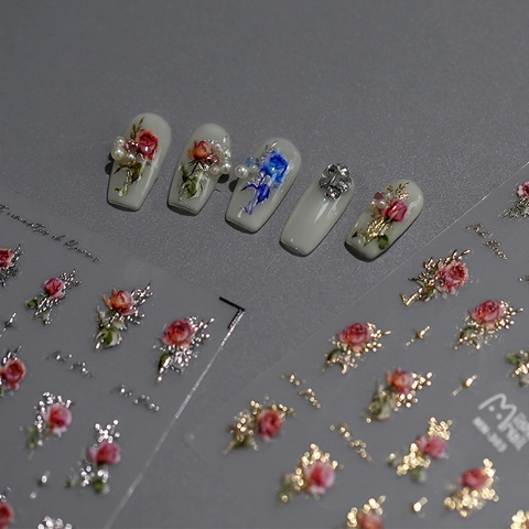 Autocollants Art Des Ongles Relief 3D Auto-adhésif Peinture À L'huile Vintage Rose Designs Floraux Luxe Français Décoration Manucure
