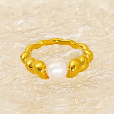 Anello A Onda Intrecciata In Acciaio Inossidabile Placcato Oro 18 Carati Con Perla Artificial Bianca Gioielli Eleganti Per Donna