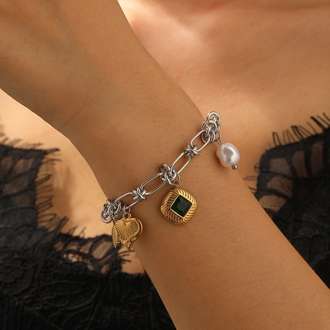 Stainless Steel Bracelet With Multi Pendant Heart Bear Cherry Star Moon Gold Plated Korean Fashion Sweet Style Women
