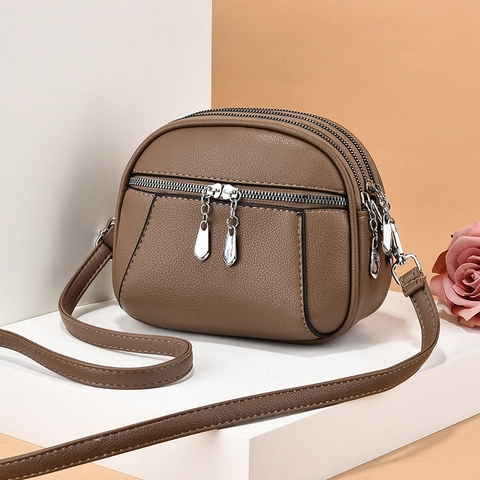 Sac Bandoulière En Cuir PU Mode Simple Pour Femme Motif Litchi Multi Couches Triple Fermeture Éclair Fonctionnel Sac À Épaule