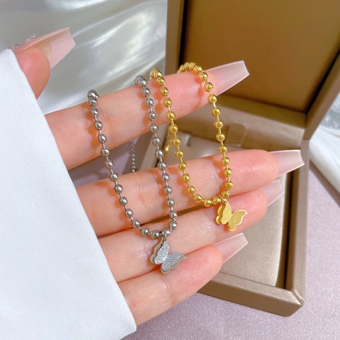 Bracelet Élégant Avec Pendentif Papillon Chaîne À Billes Acier Inoxydable Style Coréen Ajustable Pour Femmes