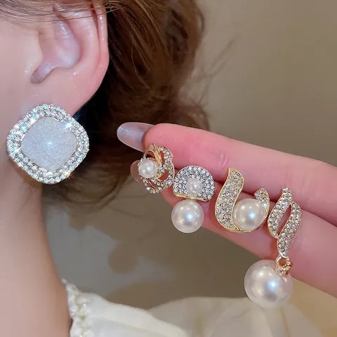 Eleganti Orecchini Con Strass E Künstliche Perle Sintetiche Con Perni In Argento 925 Gioielli Geometrici Lucidi In Lega Da Donna