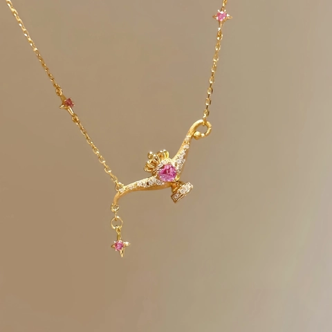 Magic Lamp Pendant Necklace Gold Plated Copper Pink Cubic Zirconia Star Accents Fairy Tale Dreamy Sweet Style For Women