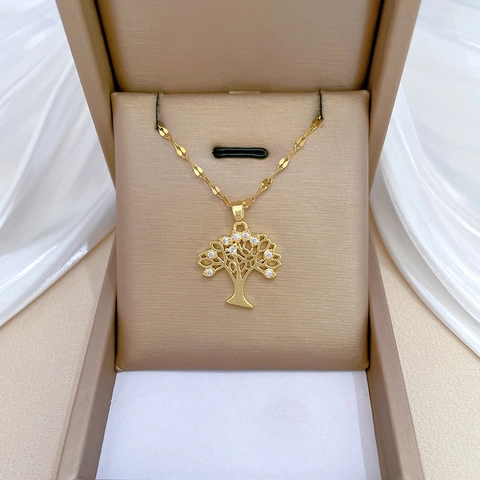Tree Of Life Pendant Necklace Stainless Steel Chain And Copper Rhinestone Jewelry For Women Sparkling Elegant Gift