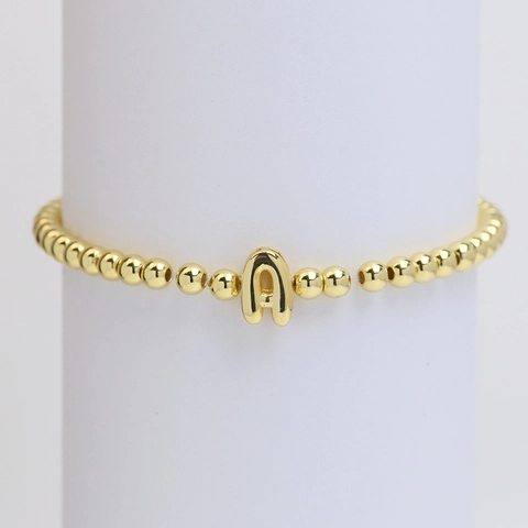 Golden Copper Bead Elastic Bracelet For Women With English Letter Initial Pendant Minimalist Shiny Metal Ball Beaded Chain Jewelry Gift