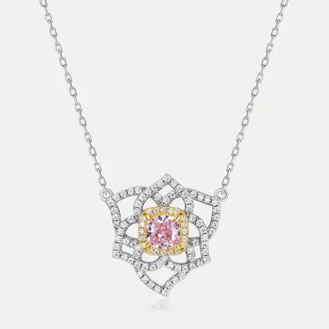 925 Sterling Silver Pink Flower Pendant Necklace For Women Elegant Double Tone Floral Rhinestone Inlaid Jewelry Gift