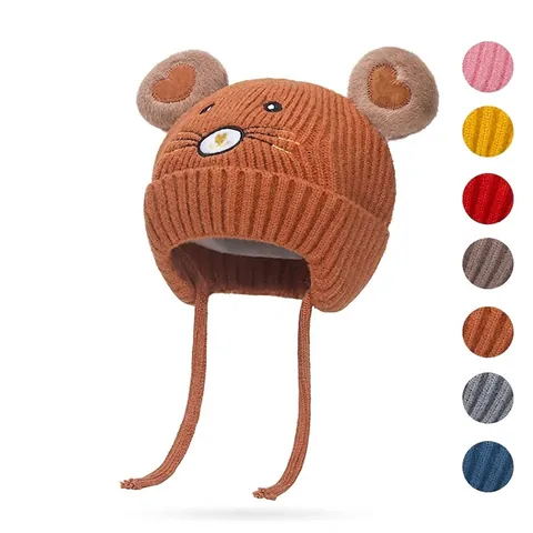 Kids Knit Hat Soft Core Spun Yarn Ear Protection Winter Warm Cartoon Animal Fleece Lined Toddler Infant