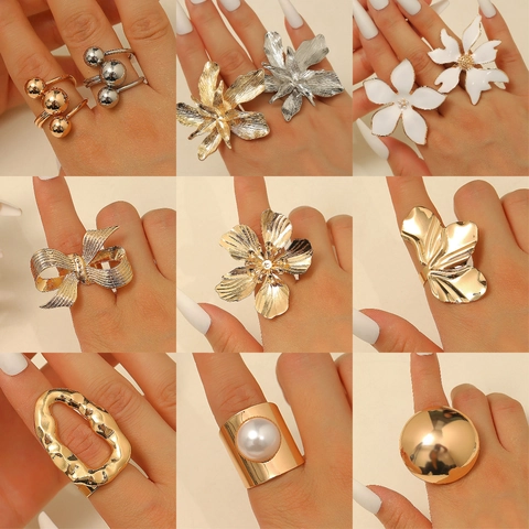 Bague Ouverte en Métal Vintage Fleur Feuille pour Femmes Plaqué Or Argent Irrégulier Géométrique Bijoux de Déclaration