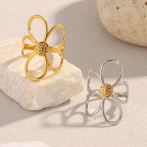 Anillo Regolabile Fiore Traforato Acciaio Inossidabile Placcato Oro 18K Gioielli Dichiarazione Floreale Vintage Da Donna