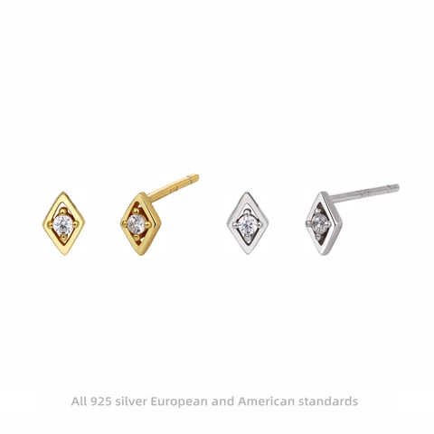 Rhombus Stud Earrings With 925 Sterling Silver Earring Post Zircon Geometric Minimalist Jewelry For Women