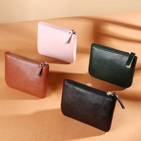 Unisex Coin Purse Lychee Texture PU Leather Zipper Small Change Pouch Solid Color Retro Mini Card Holder