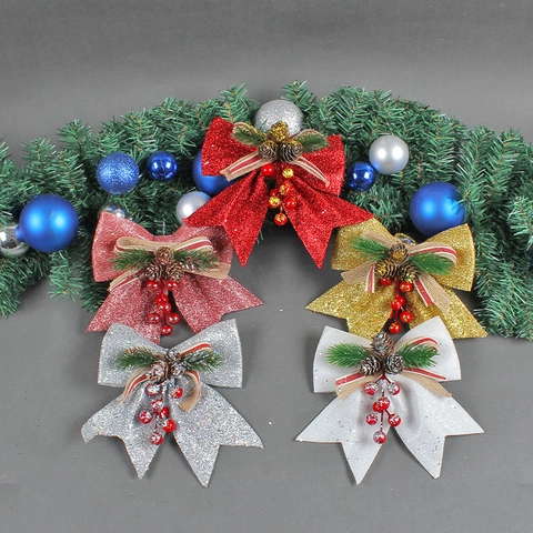 Christmas Tree Bows Ornaments With Glitter Pinecones Red Berries And Pine Needles For Xmas Holiday Home Decor