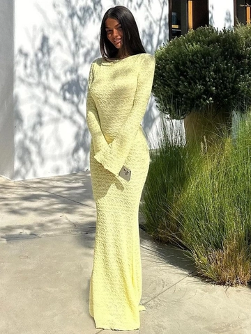 Abito Maxi Maglia Strutturata Schiena Scoperta Fiocco Girocollo Maniche Lunghe Campana Aderente Sirena Elegante Sera Festa