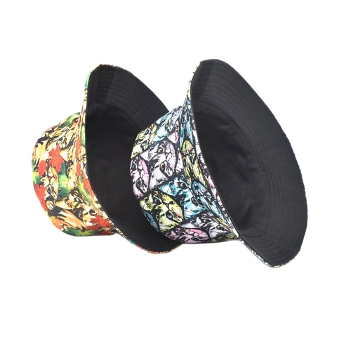 Chapeau Seau Réversible Polyester Protection Solaire Extérieur Décontracté Imprimé Chat Cartoon Feuille Érable Large Bord Nouveauté