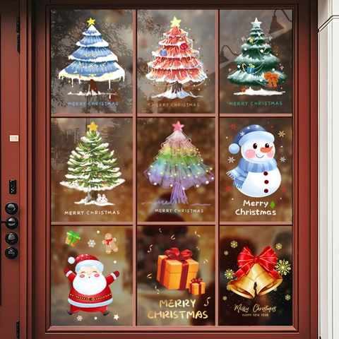 Christmas Window Stickers Static Cling Santa Claus Snowman Tree Decals Double Sided Glass Door Decoration Removable Ornament