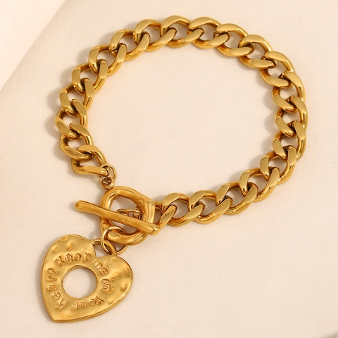 Gold Heart Pendant Bracelet 18K Gold Plated Stainless Steel Cuban Chain Engraved Love Message Toggle Clasp For Women