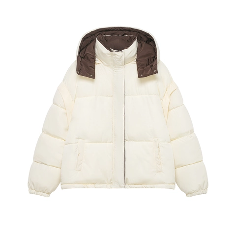 Doudoune Courte Femme À Capuche Doublure Contrastée Manteau Rembourré Décontracté Vêtements Extérieur Chauds Polyester Crème