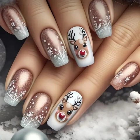 Uñas Postizas De Navidad Reno Copo De Nieve Degradado Brillo Cuadradas Medianas Uñas De Plástico Para Mujeres