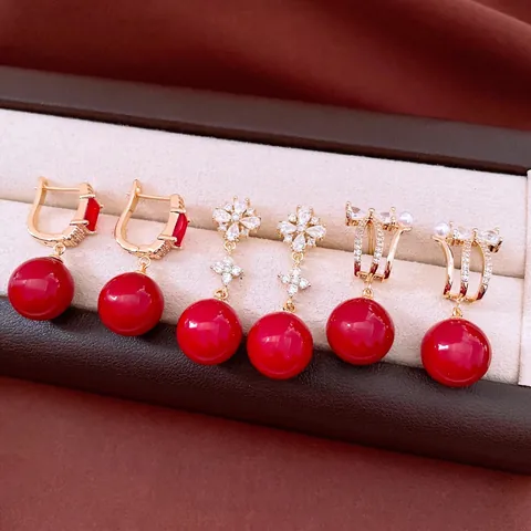 Elegante Rote Kugel Ohrhänger 18K Vergoldetes Kupfer Mit Zirkonia Und Silbernem Ohrstecker Für Damen Luxus Schmuck