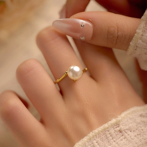 Bague Ouverte En Argent Sterling 925 Avec Künstliche Perle Ajustable Design Bambou Élégant Style Chinois Bijoux Pour Femmes