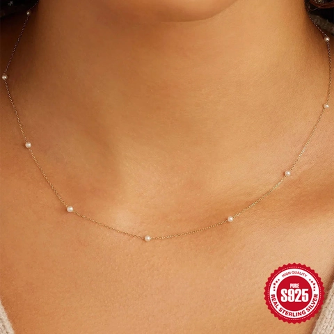 Collar De Perlas Artificiales De Plata De Ley 925 Minimalista Elegante Cadena De Clavícula Joyería Para Mujer