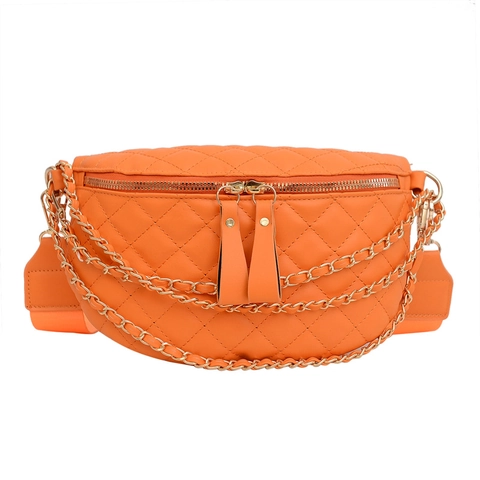 Quilted Rhombus Waist Bag PU Leather Chest Bag With Gold Chain And Wide Strap For Women Casual Crossbody