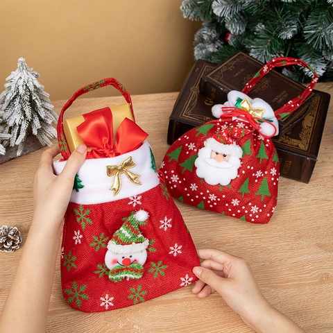 Christmas Gift Bags Plush Santa Snowman Decor Non Woven Fabric Holiday Party Festive Candy Apple Wrapping