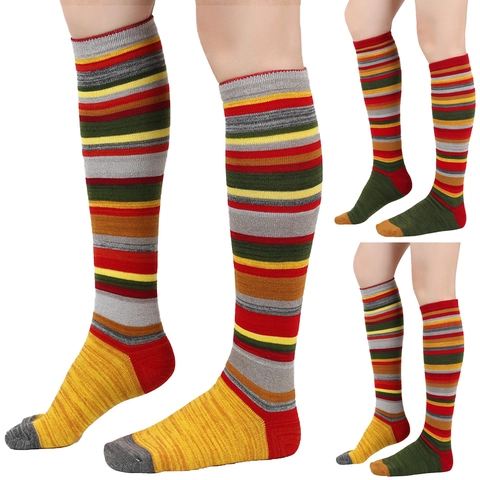 Vintage Harajuku Style Colorful Horizontal Striped Knee High Socks For Women Retro Cotton Blend Long Calf Socks For Christmas Party