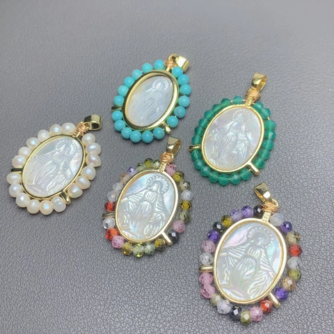 Collana Pendente Vergine Maria Madreperla Rame Placcato Oro 18K Vintage Religioso Perlina Chiusura Argento Gioielli