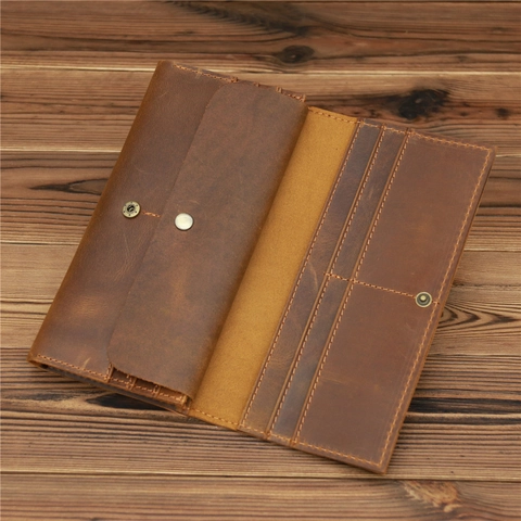Retro Crazy Horse Echtleder Lang Geldbörse Herren Vintage Rindsleder Clutch Handgefertigter Stil Mehrere Kartenfächer