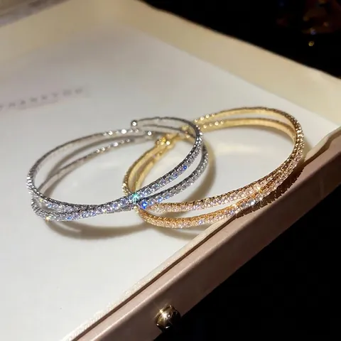 Layered Cross Cuff Bangle Bracelet With Copper Cubic Zirconia Open Design Fashion Elegant Jewelry For Women