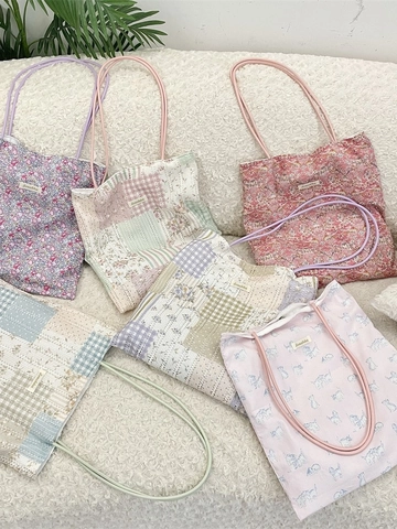 Γυναικεία Τσάντα Tote Ώμου Πολυεστέρας Καμβάς Floral Print Γάτας Καρό Φιόγκος Κέντημα Μαγνητικό Κούμπωμα Κορεάτικο Γλυκό