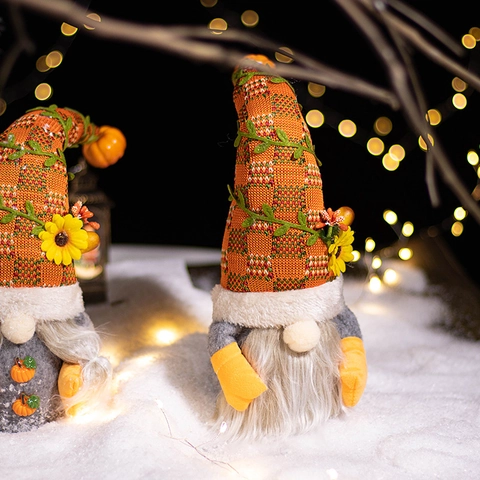 Autumn Harvest Faceless Gnome Plush With Plaid Knitted Hat Sunflower Pumpkin Decor Thanksgiving Christmas Home Ornament