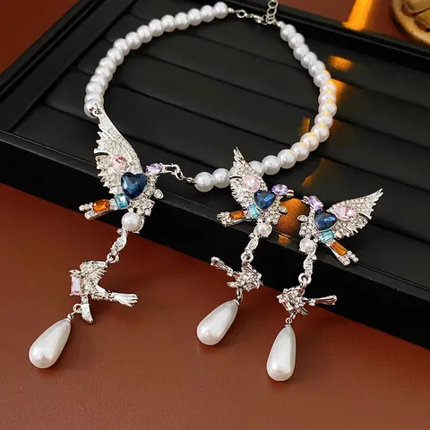 Bird Pendant Necklace And Earrings With Colorful Rhinestone Zircon Imitation Artificial Pearl And Silver Earring Post Vintage Luxury For Women