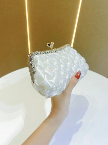 Pleated Satin Evening Clutch Bag Rhinestone Metal Frame Detachable Chain Shoulder Bag Wedding Party Bridal Handbag