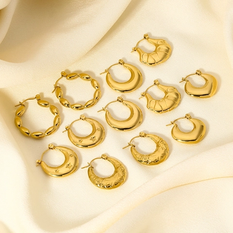 Hoop Earrings For Women 18K Gold Plated Stainless Steel Geometric Textured Retro INS Style Hypoallergenic Jewelry
