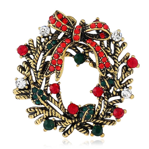 Vintage Christmas Wreath Brooch Pin For Women Men Alloy Rhinestone Christmas Bell Bowknot Brooch Holiday Jewelry Gift