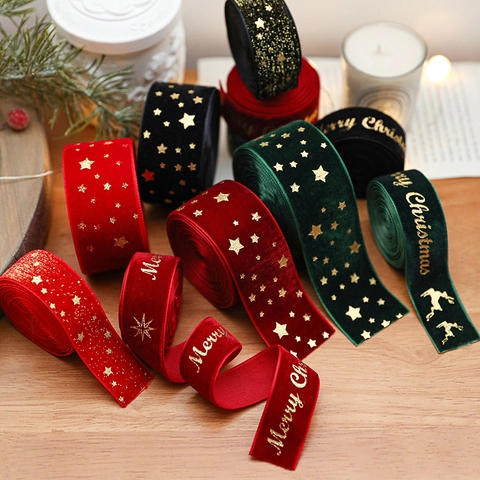 Christmas Velvet Ribbon Gold Foil Merry Christmas Stars Patterns For Xmas Tree Decoration Gift Wrapping DIY Crafts