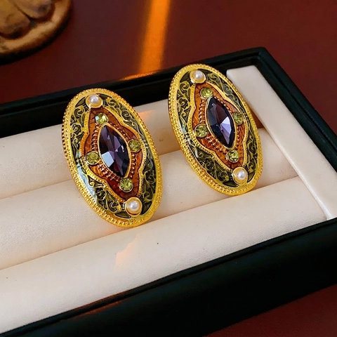 Pendientes De Esmalte Ovalados Barrocos Vintage Con Aleación Diamantes Imitación Perla Artificial Y Poste De Plata Estilo Palacio Mujer